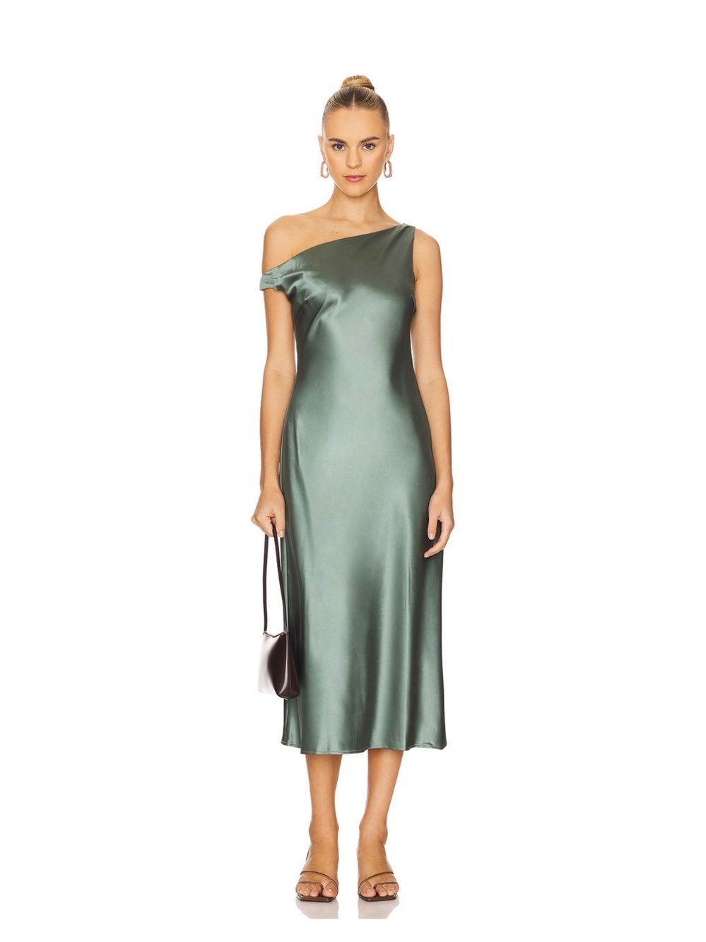 Astr One-Shoulder Satin Midi Dress in Sage Green